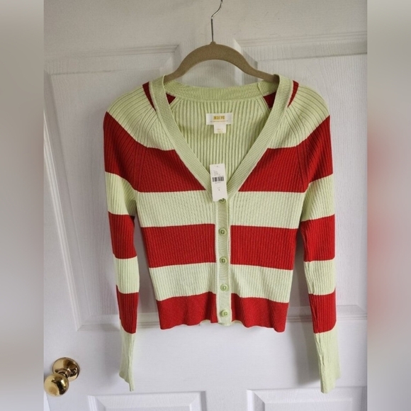 NEW Anthropologie Maeve Striped Vneck Cardigan Button-Up Red Green Womens  Small - Picture 11 of 11